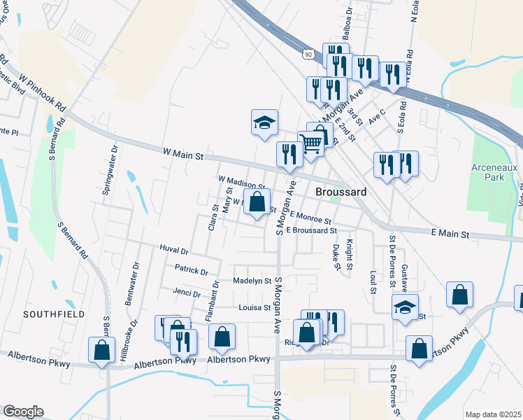 map of restaurants, bars, coffee shops, grocery stores, and more near 309 South Saint Jean Street in Broussard