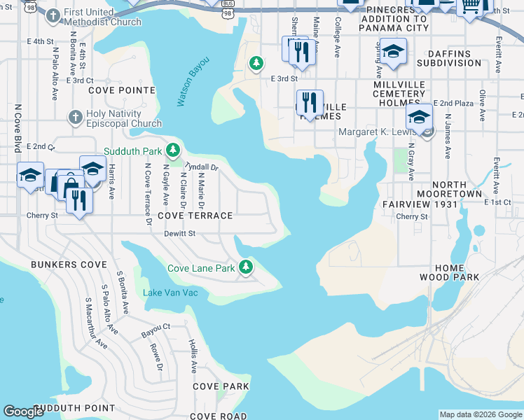 map of restaurants, bars, coffee shops, grocery stores, and more near 1915 Dewitt Street in Panama City