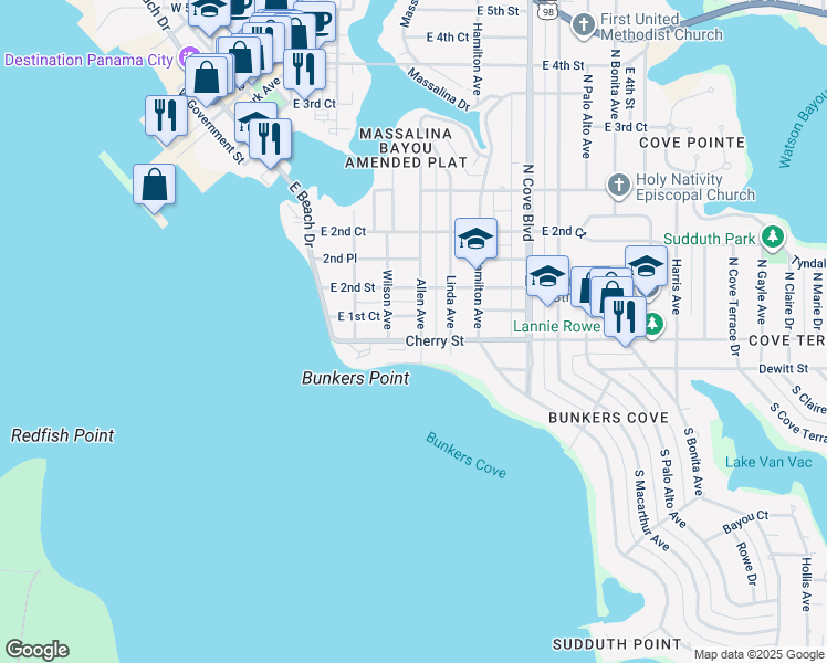 map of restaurants, bars, coffee shops, grocery stores, and more near 402 Cherry Street in Panama City