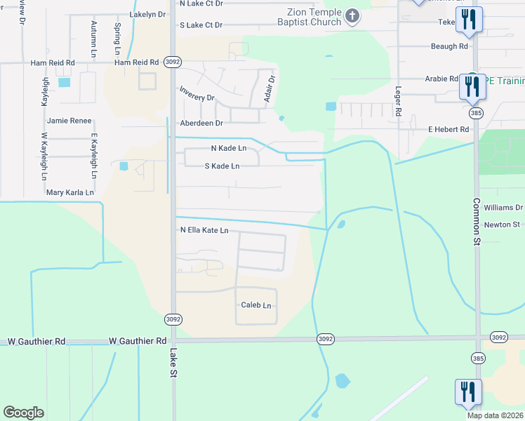 map of restaurants, bars, coffee shops, grocery stores, and more near 897 North Ella Kate Lane in Lake Charles
