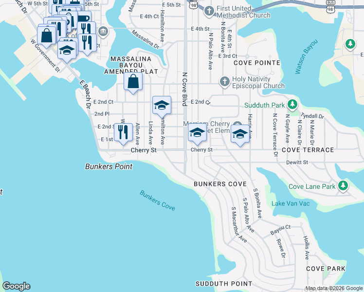 map of restaurants, bars, coffee shops, grocery stores, and more near 100 South Cove Boulevard in Panama City