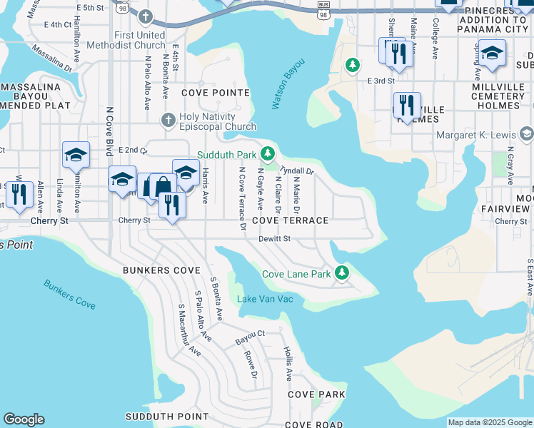 map of restaurants, bars, coffee shops, grocery stores, and more near 1503 Cherry Street in Panama City