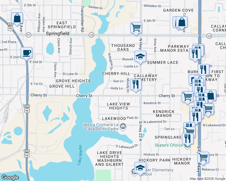 map of restaurants, bars, coffee shops, grocery stores, and more near 4110 Cherry Street in Panama City
