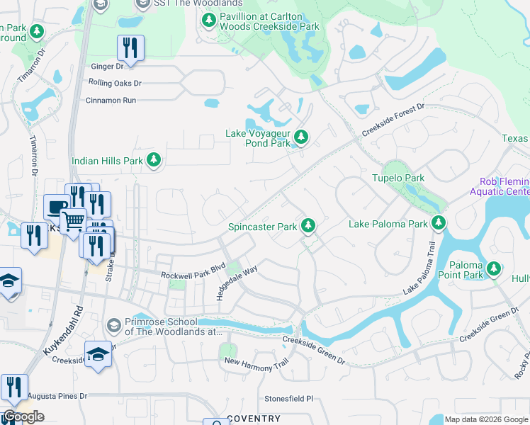 map of restaurants, bars, coffee shops, grocery stores, and more near 138 West Valera Ridge Place in The Woodlands