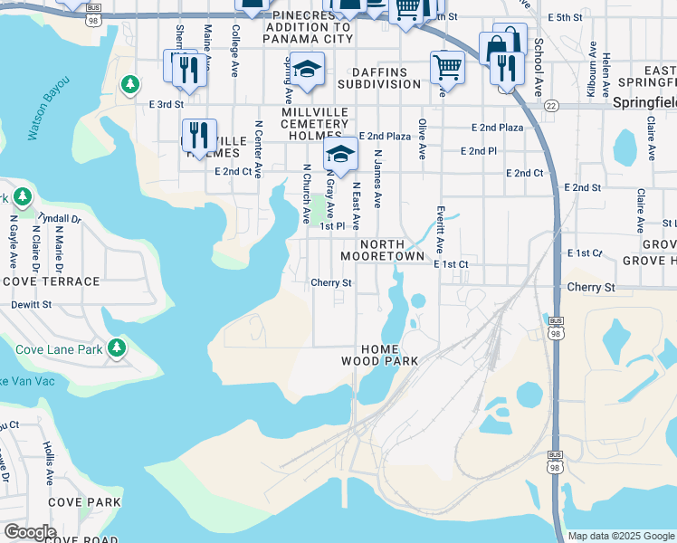 map of restaurants, bars, coffee shops, grocery stores, and more near 114 North Gray Avenue in Panama City