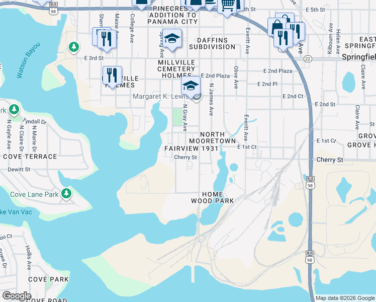map of restaurants, bars, coffee shops, grocery stores, and more near 114 North Gray Avenue in Panama City