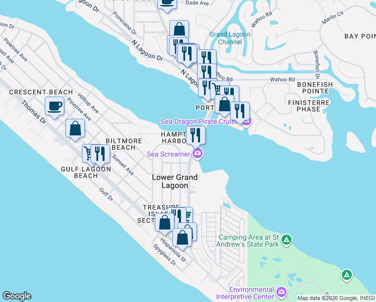 map of restaurants, bars, coffee shops, grocery stores, and more near 3600 Thomas Drive in Panama City Beach
