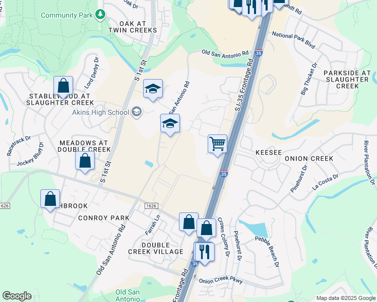 map of restaurants, bars, coffee shops, grocery stores, and more near 10700 South Interstate 35 Frontage Road in Austin