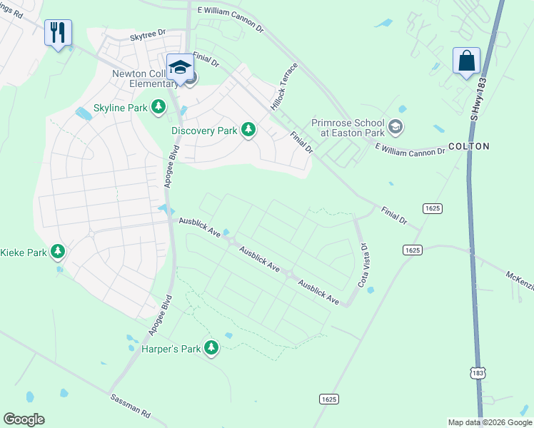map of restaurants, bars, coffee shops, grocery stores, and more near 8479-8751 Colton-Bluff Springs Road in Austin