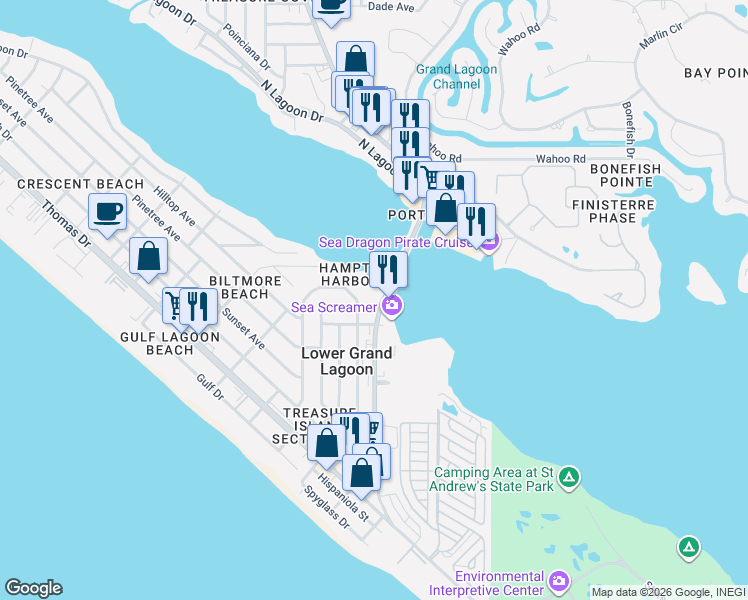 map of restaurants, bars, coffee shops, grocery stores, and more near 3600 Thomas Drive in Panama City Beach
