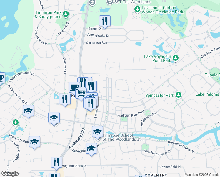 map of restaurants, bars, coffee shops, grocery stores, and more near 230 Kendrick Pines Boulevard in Spring