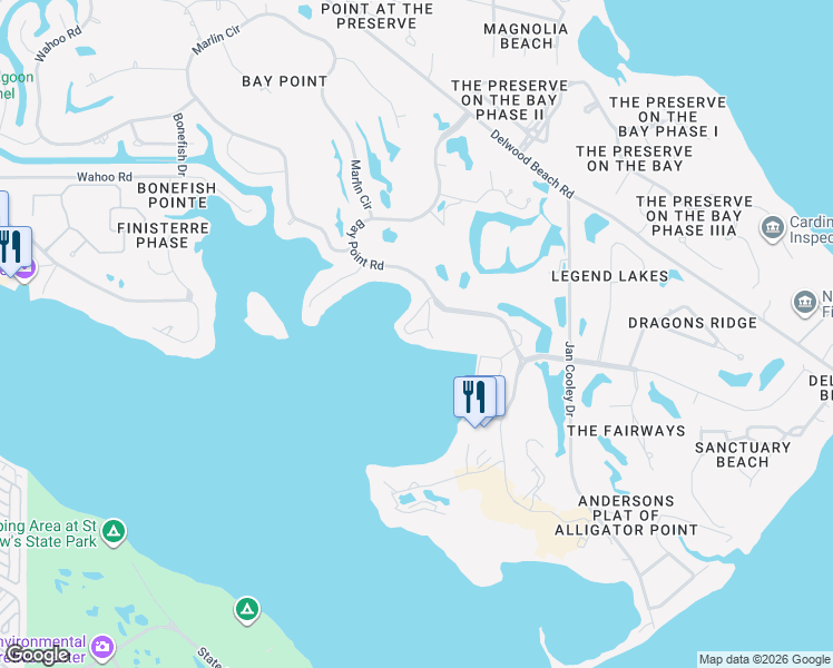 map of restaurants, bars, coffee shops, grocery stores, and more near 4620 Bay Point Road in Panama City Beach