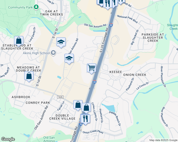 map of restaurants, bars, coffee shops, grocery stores, and more near 10700 South Interstate 35 Frontage Road in Austin