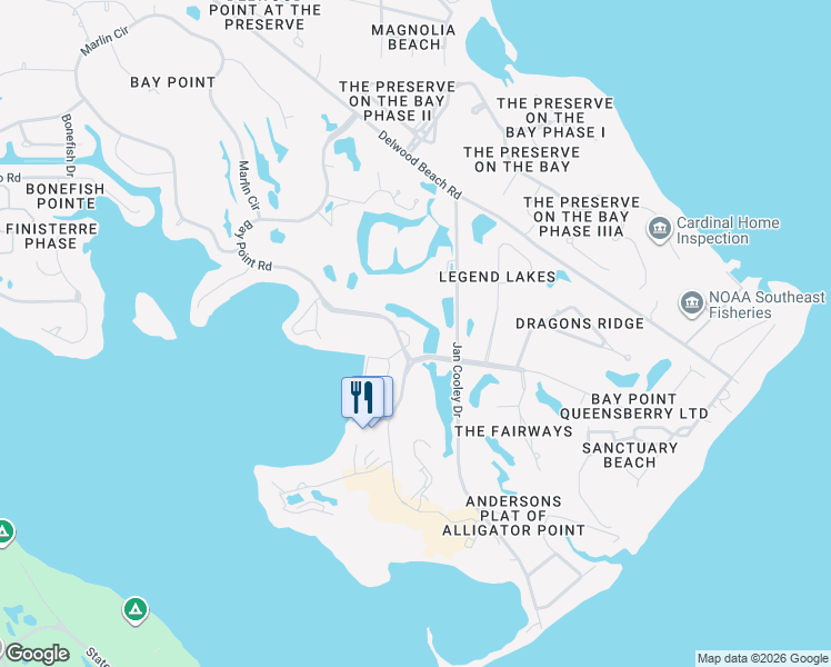 map of restaurants, bars, coffee shops, grocery stores, and more near 4725 Bay Point Road in Panama City Beach