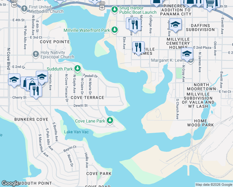 map of restaurants, bars, coffee shops, grocery stores, and more near 1917 Tyndall Drive in Panama City