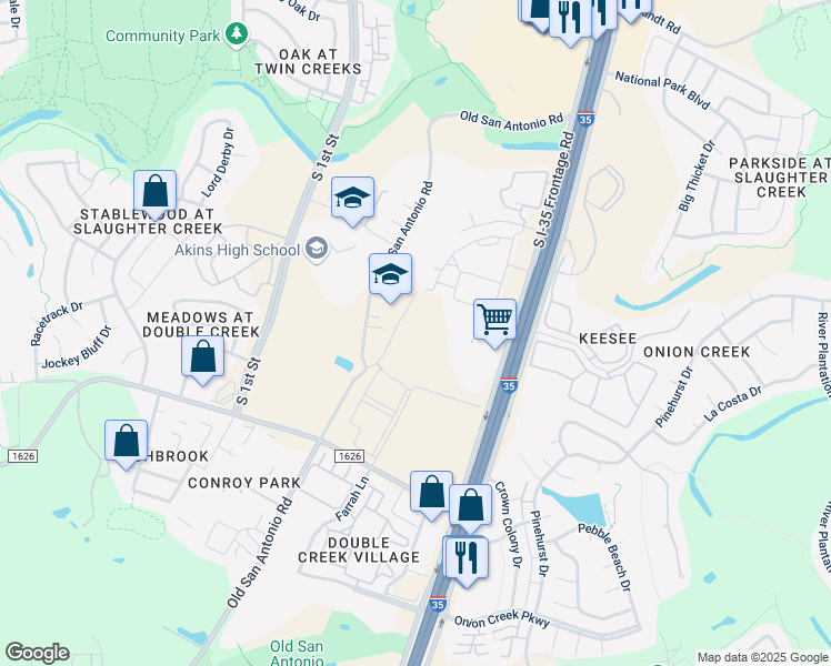 map of restaurants, bars, coffee shops, grocery stores, and more near 10801 Old San Antonio Road in Austin