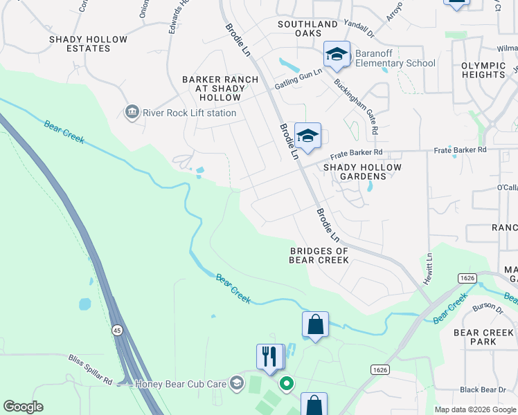 map of restaurants, bars, coffee shops, grocery stores, and more near Lostwood Cir in Travis