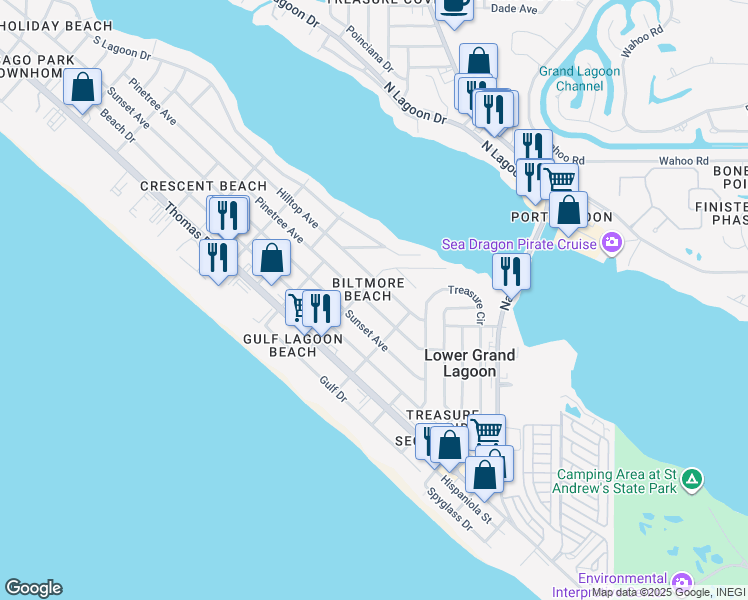 map of restaurants, bars, coffee shops, grocery stores, and more near 5500 Pinetree Avenue in Panama City