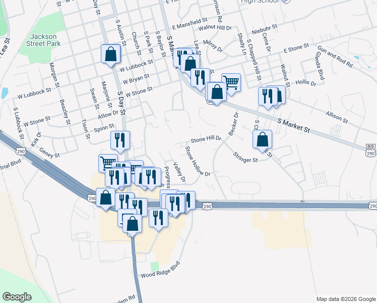 map of restaurants, bars, coffee shops, grocery stores, and more near 2300 Stone Hollow Drive in Brenham