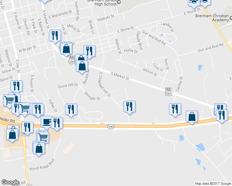 map of restaurants, bars, coffee shops, grocery stores, and more near 2475 Stringer Street in Brenham