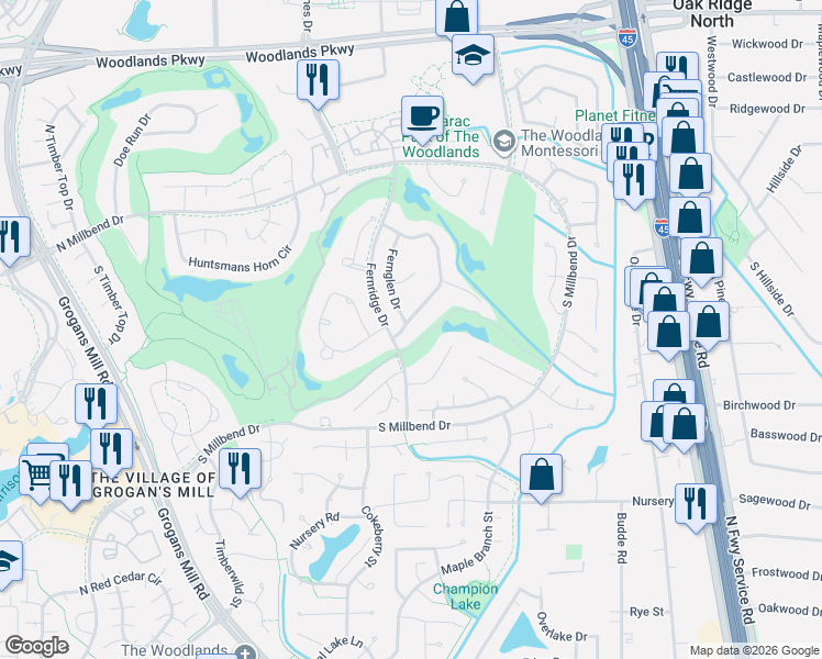 map of restaurants, bars, coffee shops, grocery stores, and more near 5 Fernglen Drive in Spring