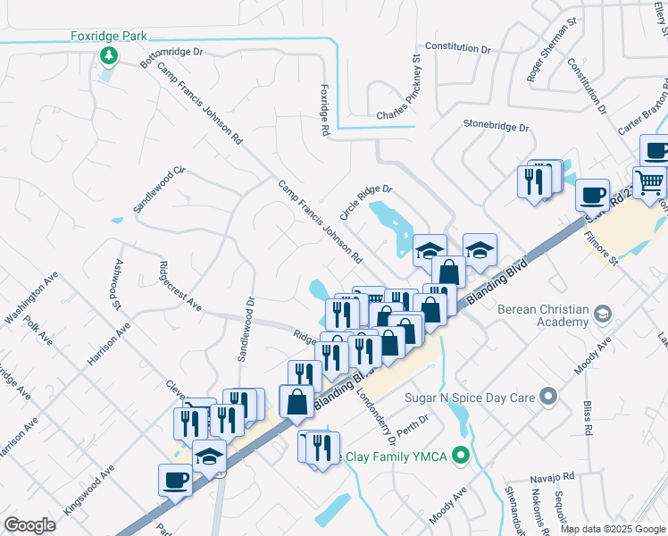 map of restaurants, bars, coffee shops, grocery stores, and more near 2425 Longwood Street in Orange Park