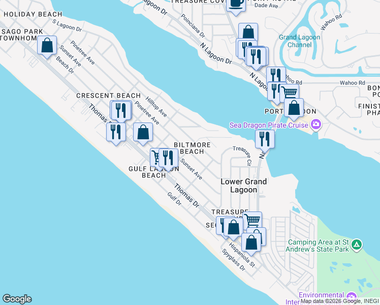 map of restaurants, bars, coffee shops, grocery stores, and more near 5505 Pinetree Avenue in Panama City