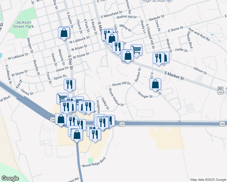 map of restaurants, bars, coffee shops, grocery stores, and more near 2401 Stone Hollow Drive in Brenham