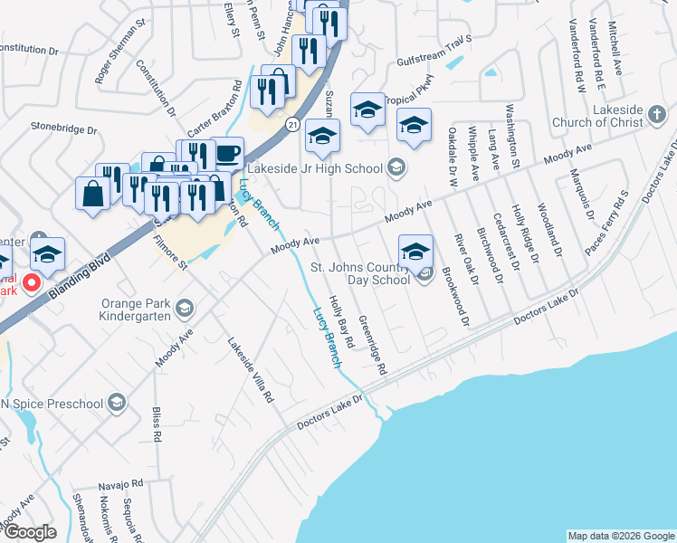 map of restaurants, bars, coffee shops, grocery stores, and more near 2753 Greenridge Road in Orange Park