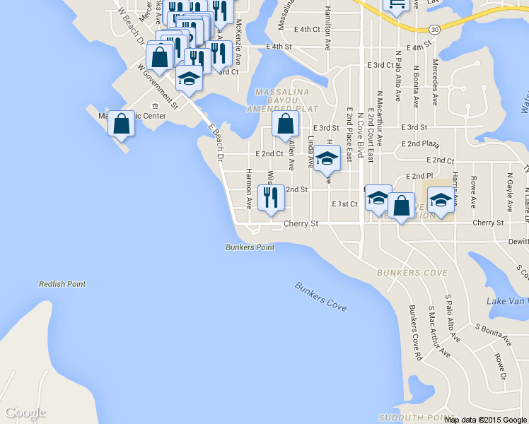 map of restaurants, bars, coffee shops, grocery stores, and more near 227 East 1st Court in Panama City