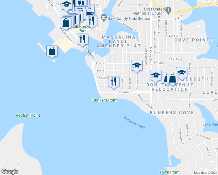 map of restaurants, bars, coffee shops, grocery stores, and more near 227 East 1st Court in Panama City