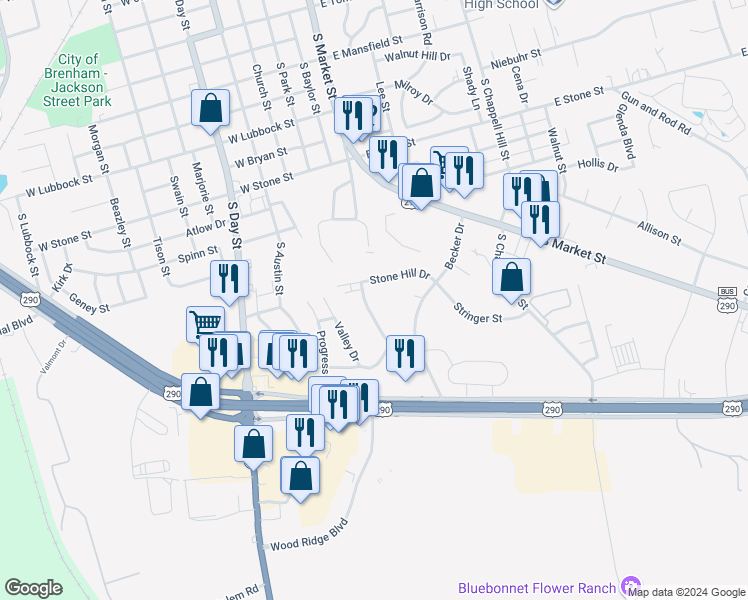 map of restaurants, bars, coffee shops, grocery stores, and more near 346 Stone Hill Drive in Brenham