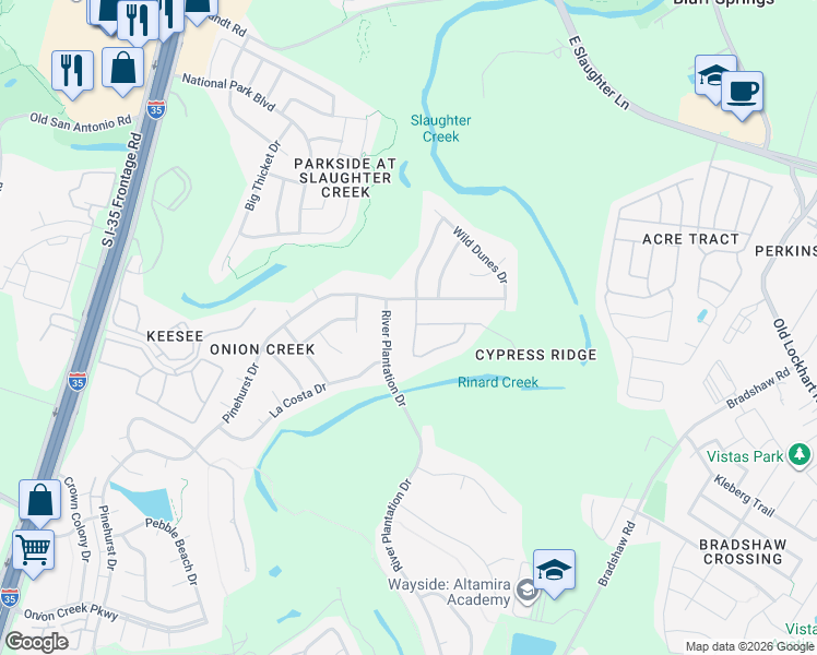 map of restaurants, bars, coffee shops, grocery stores, and more near 10205A River Plantation Drive in Austin