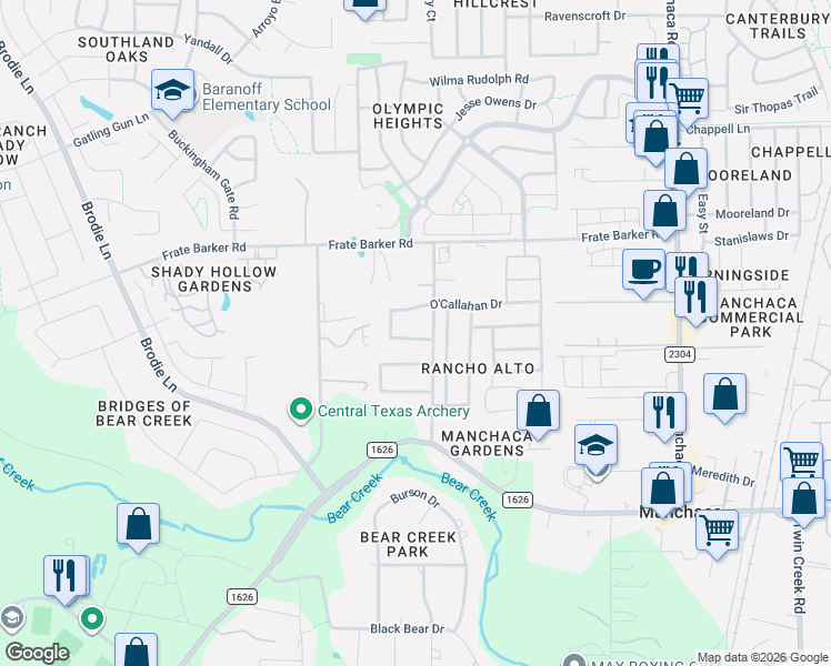map of restaurants, bars, coffee shops, grocery stores, and more near 2117 O'Callahan Drive in Austin