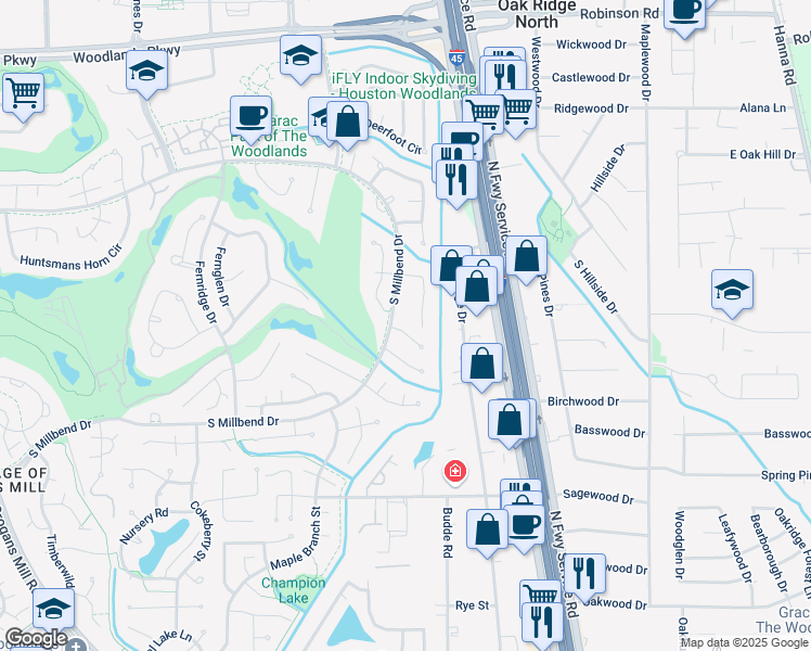map of restaurants, bars, coffee shops, grocery stores, and more near 41 Brushwood Court in Spring