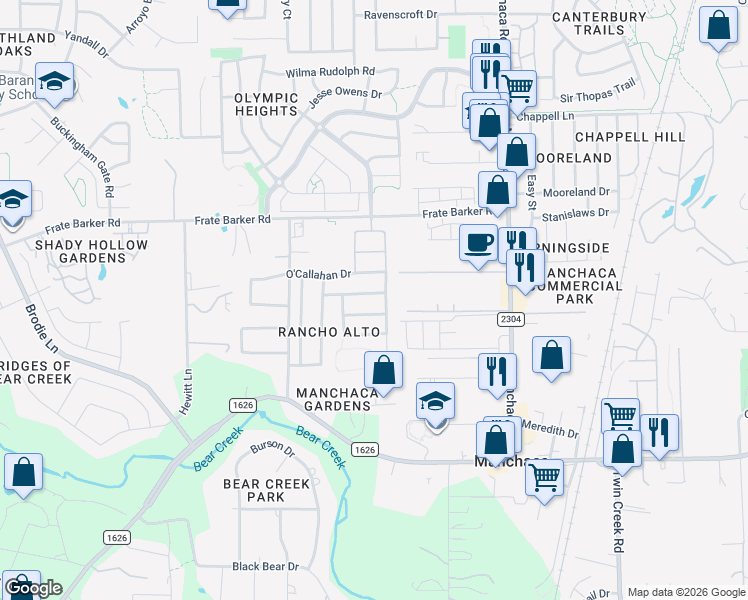 map of restaurants, bars, coffee shops, grocery stores, and more near 1708 McClannahan Drive in Austin