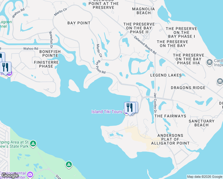 map of restaurants, bars, coffee shops, grocery stores, and more near 4620 Bay Point Road in Panama City Beach
