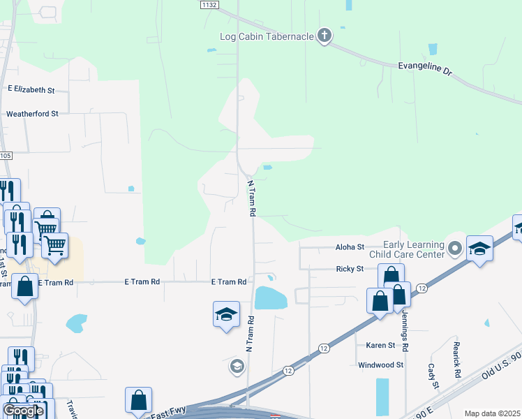 map of restaurants, bars, coffee shops, grocery stores, and more near 1690 North Tram Road in Vidor