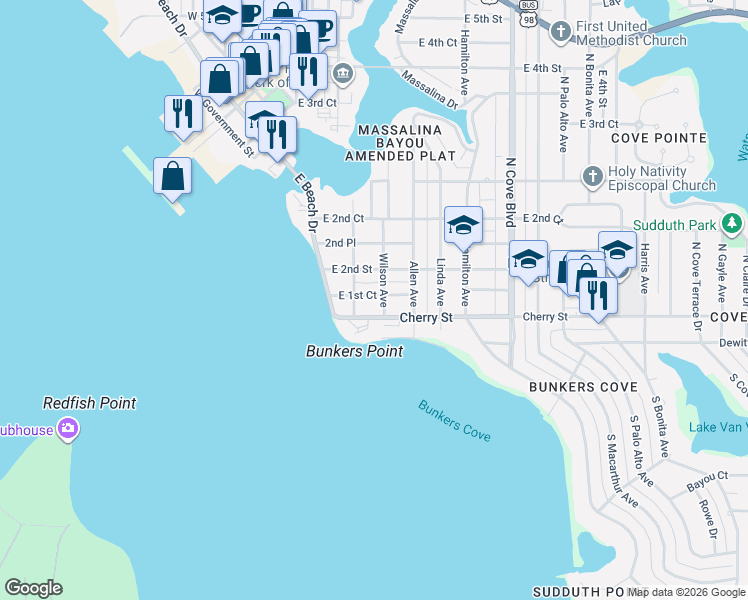 map of restaurants, bars, coffee shops, grocery stores, and more near 227 East 1st Court in Panama City