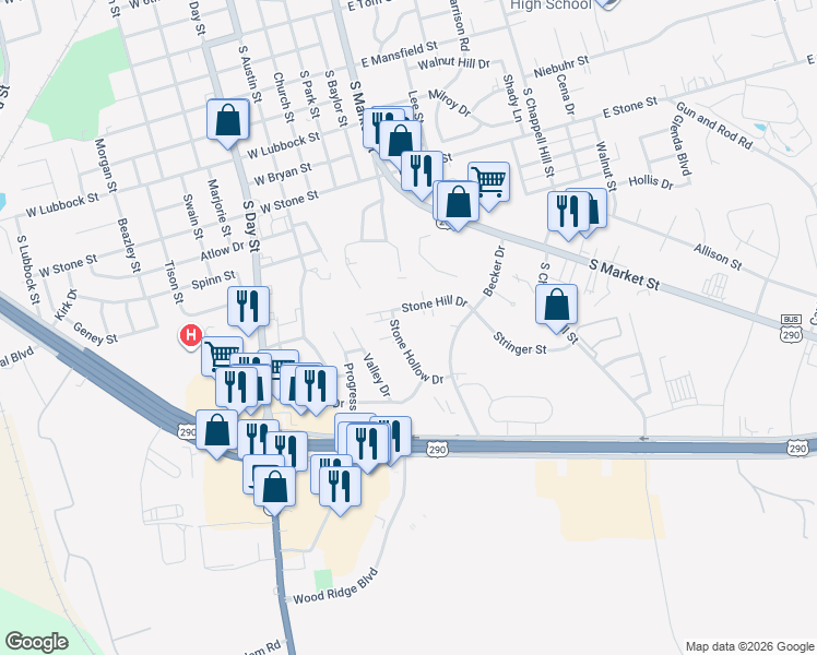 map of restaurants, bars, coffee shops, grocery stores, and more near 2401 Stone Hollow Drive in Brenham