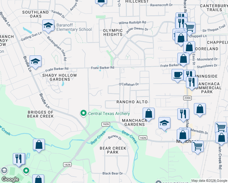 map of restaurants, bars, coffee shops, grocery stores, and more near 2117 O'Callahan Drive in Austin
