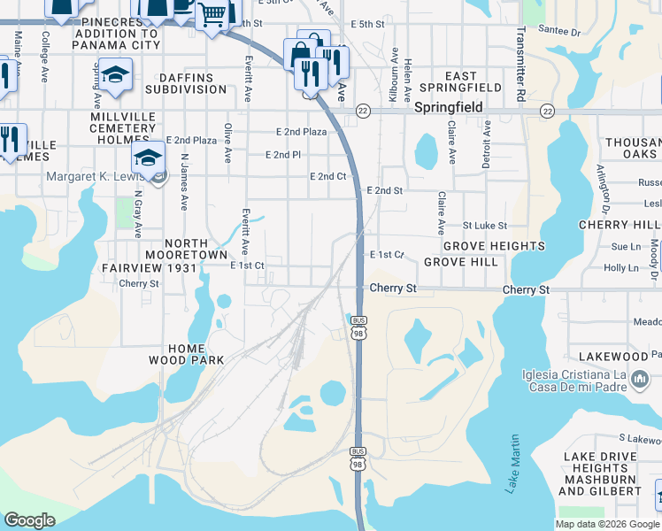 map of restaurants, bars, coffee shops, grocery stores, and more near 121 Wabash Avenue in Panama City