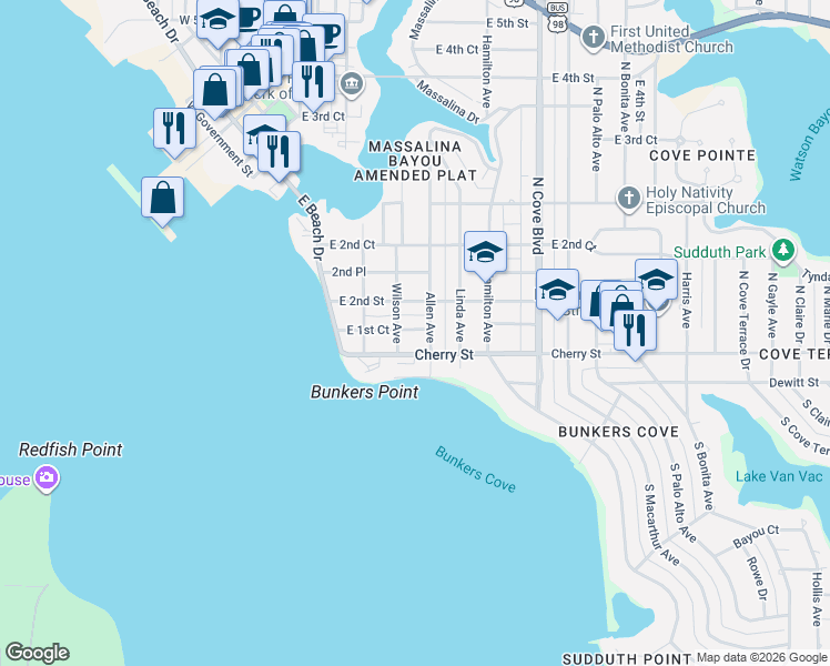 map of restaurants, bars, coffee shops, grocery stores, and more near 124 Allen Avenue in Panama City