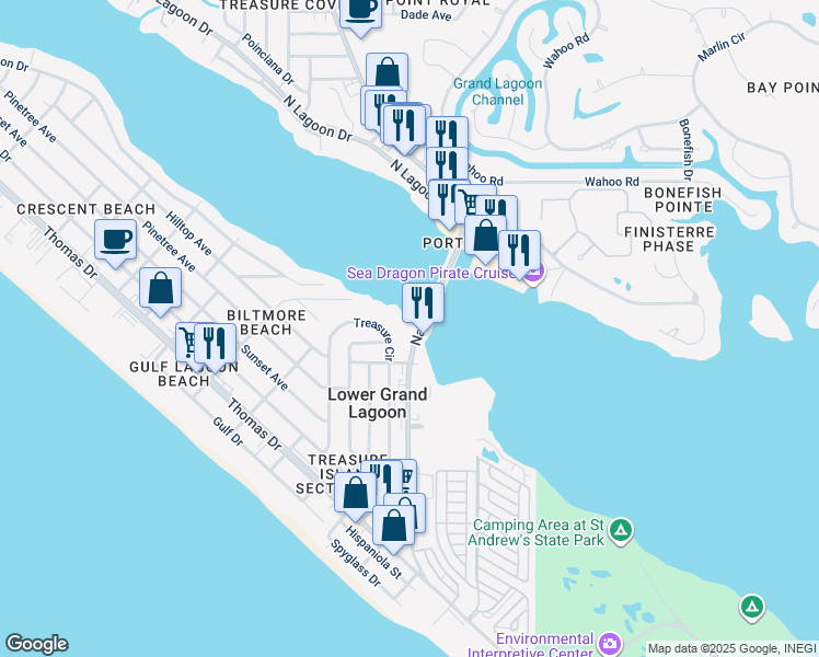 map of restaurants, bars, coffee shops, grocery stores, and more near 3600 Thomas Drive in Panama City Beach