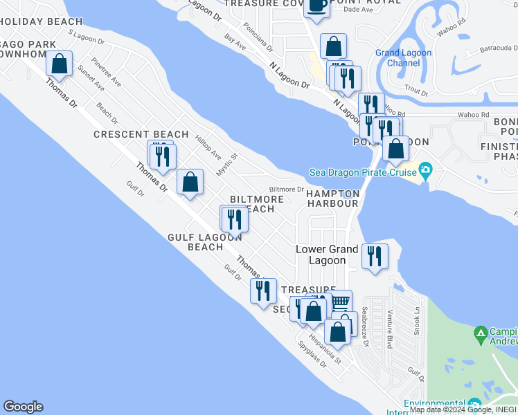 map of restaurants, bars, coffee shops, grocery stores, and more near 3803 Biltmore Drive in Panama City Beach