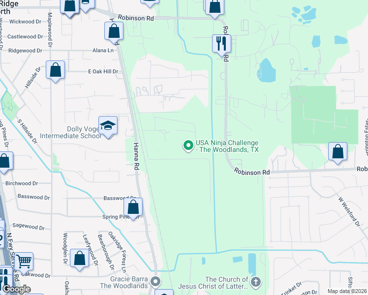 map of restaurants, bars, coffee shops, grocery stores, and more near Blair Rd in Conroe