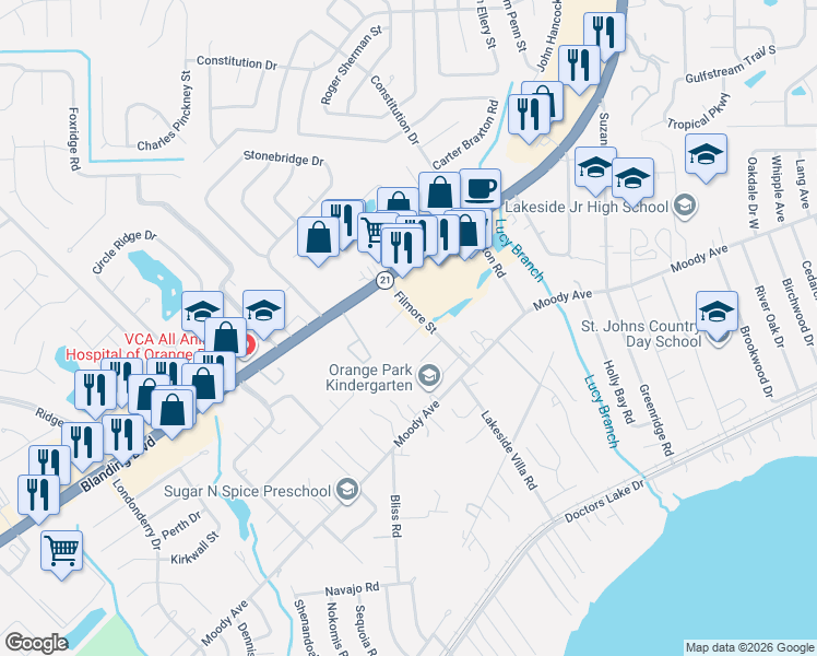 map of restaurants, bars, coffee shops, grocery stores, and more near 1059 Kimberly Court in Orange Park