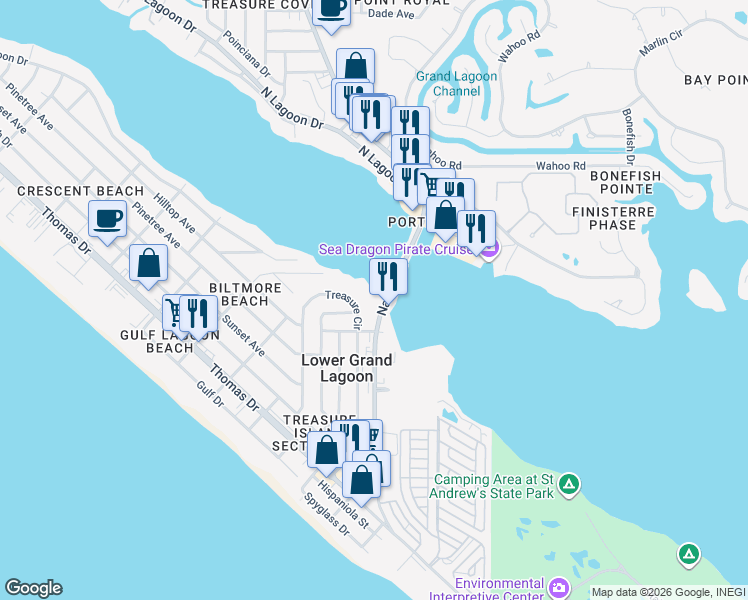 map of restaurants, bars, coffee shops, grocery stores, and more near 3600 Thomas Drive in Panama City Beach