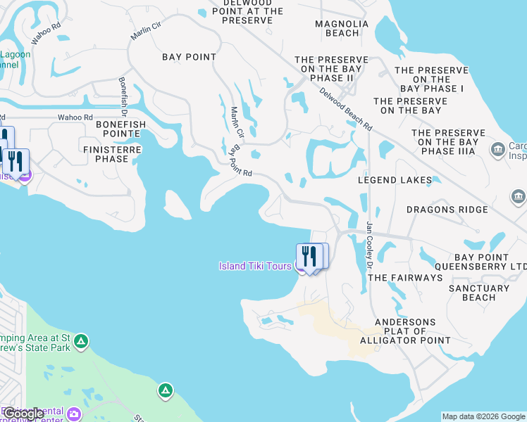 map of restaurants, bars, coffee shops, grocery stores, and more near 4620 Bay Point Road in Panama City Beach