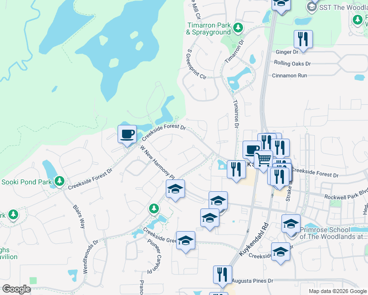map of restaurants, bars, coffee shops, grocery stores, and more near 46 Caprice Bend Place in Tomball
